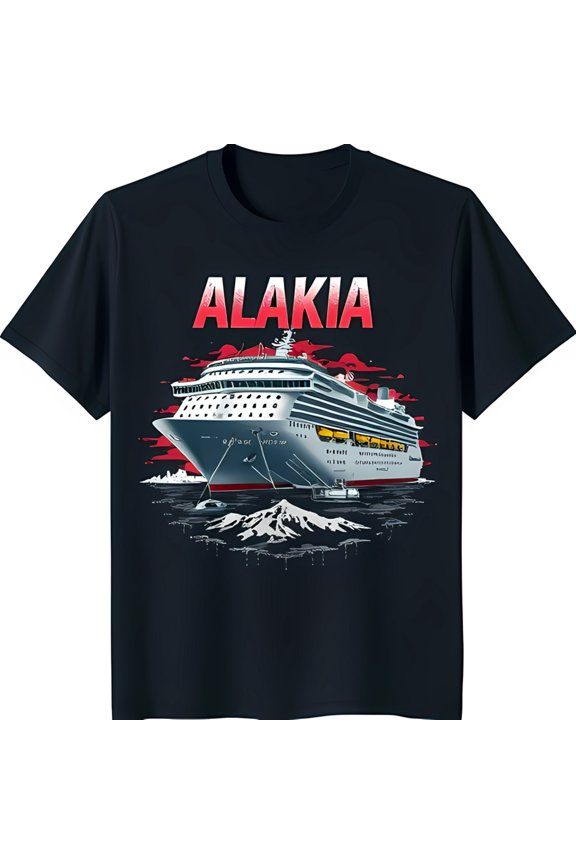 ALAKIA Cruise Ship Graphic T-Shirt White Ship on Dark Blue Background with Mountains
