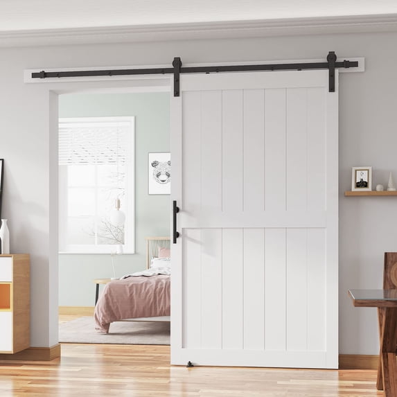 ALAMEDADT 48''x 80'' Sliding Barn Door with 8 Ft Barn Door Hardware Kit& Handle& Floor Guides,Pre-Drilled Holes Easy Assembly - Include Installation Manual, Water-Proof PVC Surface, H-Frame, White