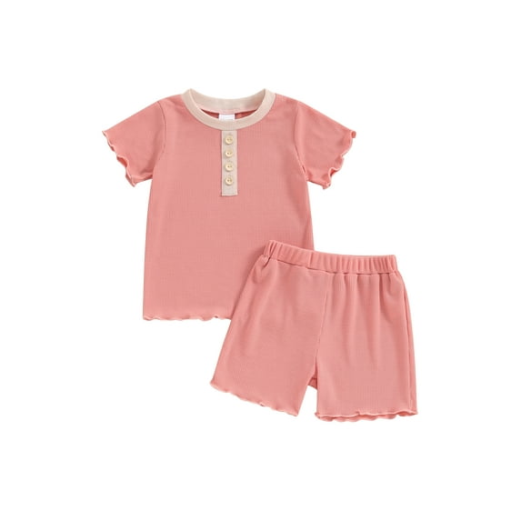 ALASELEGANTES Kids Girl Summer Short Clothes Outfits,12 18 24 Months 2T 3T 4T 5T Ribbed Button Front Short Sleeve Tops with Elastic Waist Solid Color Shorts 2Pcs Set