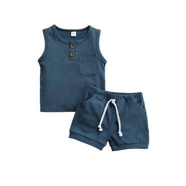ALASELEGANTES Toddler Baby Boy Summer Clothes Outfits, 0-24 Months 2T 3T Sleeveless Solid Color Round Neck Tank Tops and Drawstring Shorts Set Short Suit