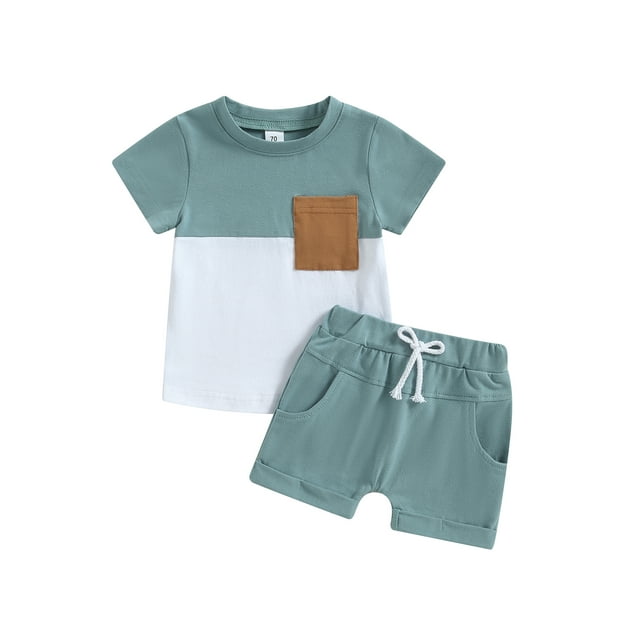 ALASELEGANTES Toddler Baby Boy Summer Short Clothes Outfits,0-24 Months 2T 3T Short Sleeve Contrast Color Tops and Solid Color Drawstring Shorts 2 Pieces Set