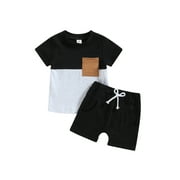 ALASELEGANTES Toddler Baby Boy Summer Short Clothes Outfits,0-24 Months 2T 3T Short Sleeve Contrast Color Tops and Solid Color Drawstring Shorts 2 Pieces Set