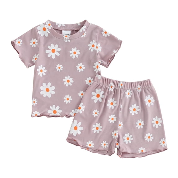 ALASELEGANTES Toddler Baby Girl Summer Short Clothes Outfit, 0 6 12 18 24 Months 2T 3T Floral Print Crew Neck Short Sleeve T-Shirts Tops and Shorts 2Pcs Set