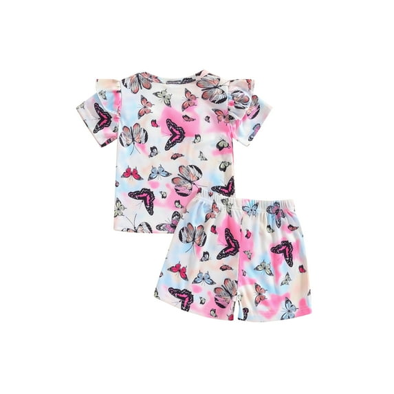 ALASELEGANTES Toddler Baby Girls Summer Short Clothes Outfits,3 6 12 18 24 Months 2T 3T Butterfly Print Short Sleeve T-Shirt and Elastic Shorts 2 Pcs Set
