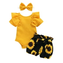 ALASELEGANTES Toddler Infant Baby Girl Summer Short Clothes Outfits,0-24 Months Short Sleeved Solid Color Ruffled Romper and Sunflower Print Shorts with Bow Headband 3Pcs Set