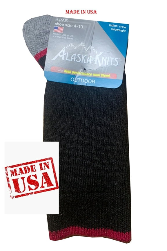 KNITS™ MERINO WOOL LADIES' HIKING CREW SOCKS  9-11   BLACK   MADE IN USA