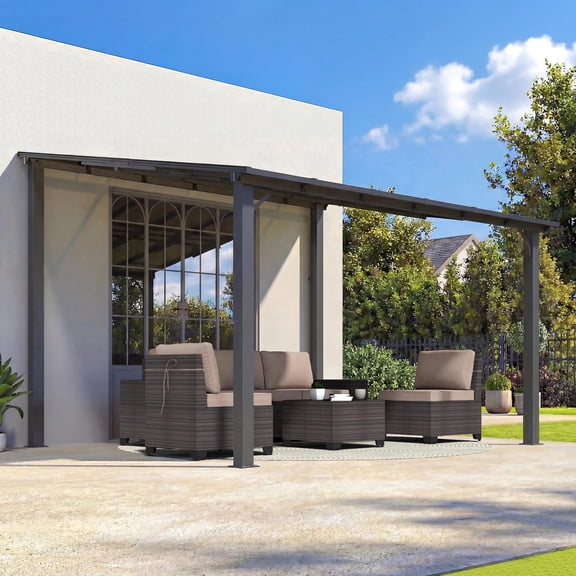 ALAULM 10 FT x 12 FT Pergola, Lean to Gazebo with Ground Anchor Sturdy Structure, Outdoor Gazebo with Sloped Roof, Galvanized Steel Metal Pergola, Wall Mounted Gazebo for Backyard Deck Tawny
