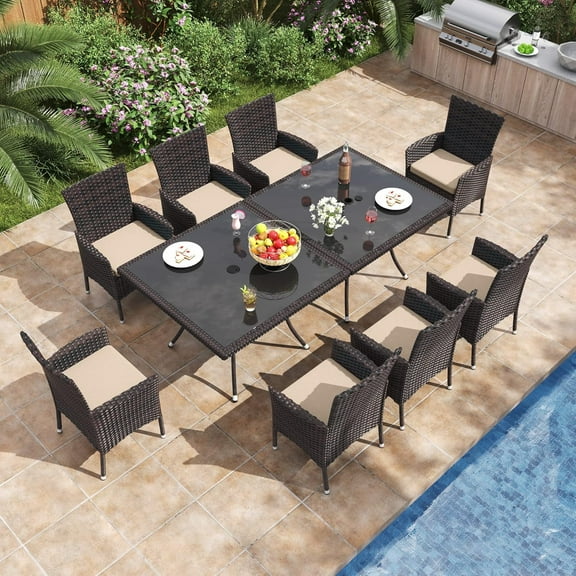 ALAULM 10 Piece Patio Dining Set All-Weather Wicker Outdoor Table and Chairs Set w/Tempered Glass Tabletop, Comfortable Cushions and Umbrella Hole for Patio, Backyard, Garden, Poolside -Sand