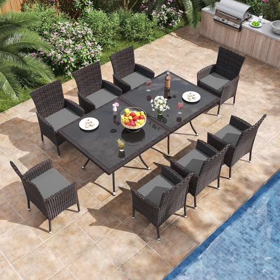 ALAULM 10-Piece Patio Dining Set, All-Weather Wicker Outdoor Furniture Set, 2 square tables with tempered glass tops,  Comfortable Cushions and Umbrella Hole for Patio, Grey