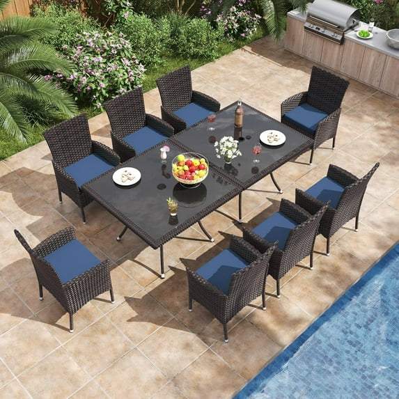 ALAULM 10 Piece Patio Dining Set All-Weather Wicker Outdoor Table and Chairs Set w/Tempered Glass Tabletop, Comfortable Cushions and Umbrella Hole for Patio, Backyard, Garden, Poolside -DarkBlue