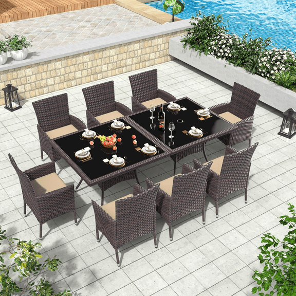 ALAULM 10 Pieces Patio Dining Set Outdoor Rattan Furniture Dinning Set with Square Glass Tabletop 8 Chairs with Brown Cushions for Patio, Backyard Outdoor Kitchen Lawn & Garden