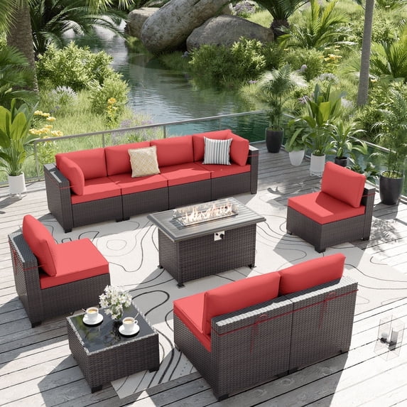 ALAULM 10 Piece Weatherproof Outdoor Conversation Sets with Propane Fire Pit Table and Sofa, Brown/Red