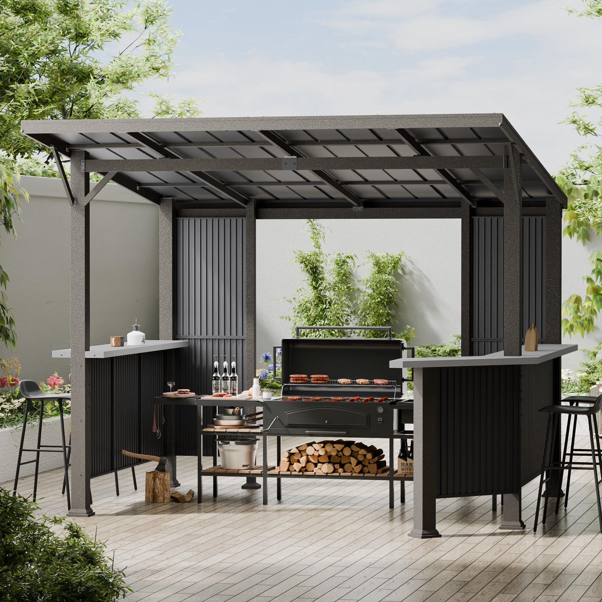 ALAULM 10' X 10' Outdoor Hardtop Grill Gazebo, Steel BBQ Gazebo with ...