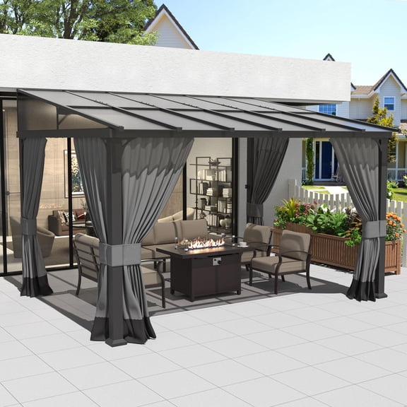 ALAULM 10' x 12' Hard Top Lean to Gazebo, Wall Mount Heavy Outdoor Gazebo with Curtains and Netting(Gray)