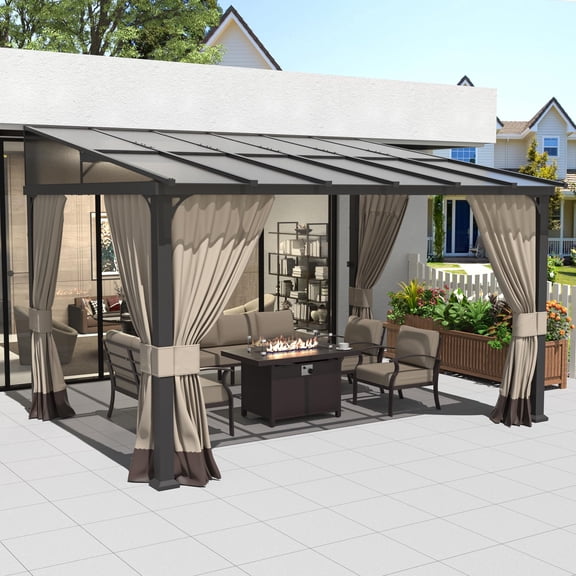 ALAULM 10' x 12' Gazebo,Hard Top Lean to Gazebo Wall Mount Heavy Hardtop Gazebo Outdoor Pergola with Curtains and Netting for Patio Garden Lawn Backyard Deck (Sand)