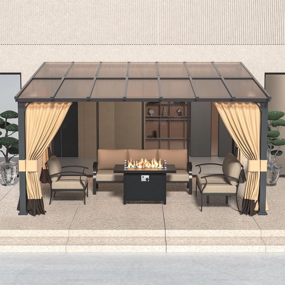 ALAULM 10' x 14' Gazebo,Hard Top Lean to Gazebo Wall Mount Heavy Hardtop Gazebo Outdoor Pergola with Curtains and Netting for Patio Garden Lawn Backyard Deck (Sand)