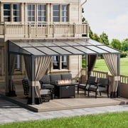 ALAULM 10 x 14 Gazebo Hard Top Lean to Gazebo Wall Mount Heavy Hardtop Gazebo Outdoor Pergola with Curtains and Netting for Patio Garden Lawn Backyard Deck Sand