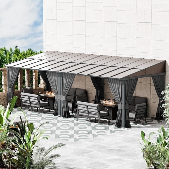 ALAULM 10' x 24' Gazebo,Hard Top Lean to Gazebo Wall Mount Heavy Hardtop Gazebo Outdoor Pergola with Curtains and Netting for Patio Garden Lawn Backyard Deck (Gray)