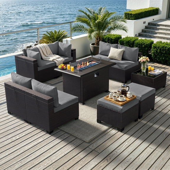 ALAULM 10PCS Outdoor Conversation Set, Thick Backrest Patio PE Rattan Wicker Sectional Sofas with Fire Pit Table & Ottoman for Backyard, Porch, Grey
