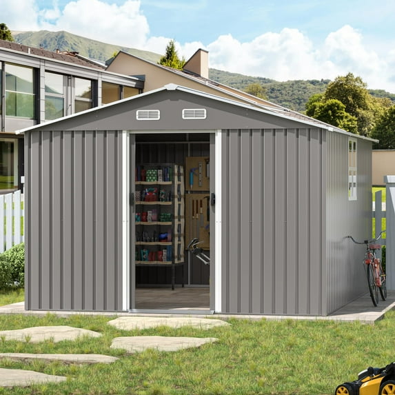 ALAULM 12x10 ft Outdoor Storage Shed Clearance, Galvanized Metal Storage Shed with Sliding Door & 2 Windows, Waterproof Garden Shed for Patio,Lawn,Backyard to Store Bikes,Tools