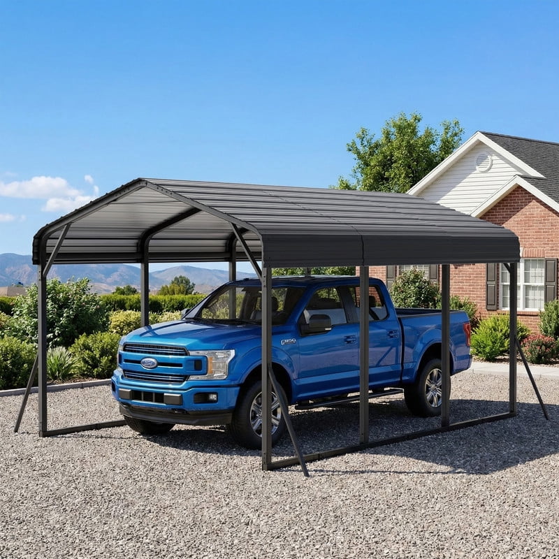 ALAULM 10x15FT Metal Carport w/Galvanized Steel Roof， Heavy Duty Car Port with Reinforced Support Rods & Windproof Anchors, All-Weather Outdoor Garage for Car, Truck, RV, Boat, Tractor