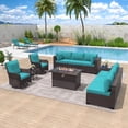 thumbnail image 1 of ALAULM 11 Pcs Patio Furniture Set with 2 Wicker Swivel Chairs & Stainless Steel Gas Fire Pit Table, Brown/Blue, 1 of 8