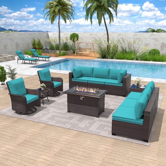 ALAULM 11 Pcs Patio Furniture Set with 2 Wicker Swivel Chairs & Stainless Steel Gas Fire Pit Table, Brown/Blue