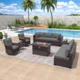 thumbnail image 1 of ALAULM 11 Pcs Patio Furniture Set with 2 Wicker Swivel Chairs & Stainless Steel Gas Fire Pit Table, Brown/Gray, 1 of 8