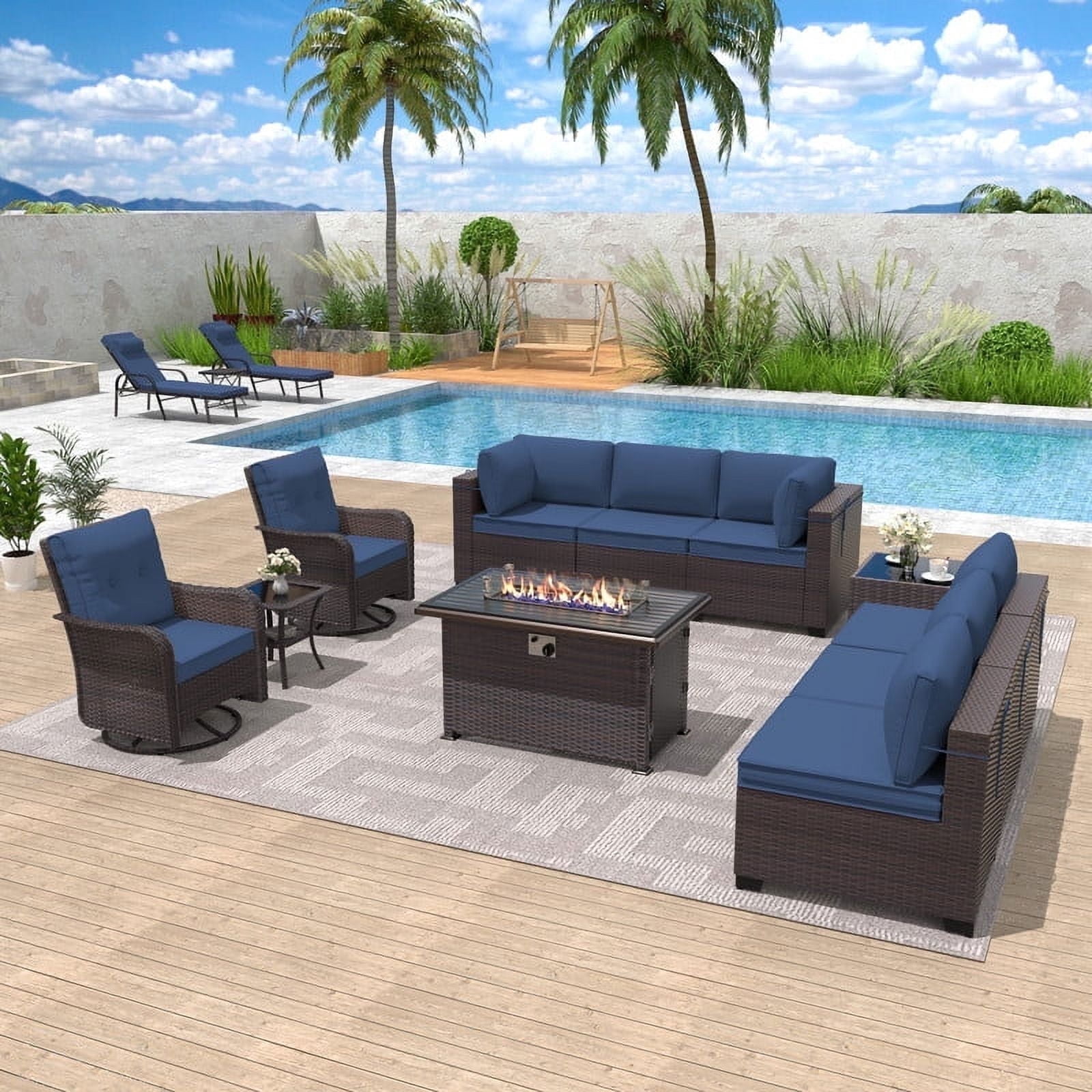 ALAULM 11 Pcs Patio Furniture Set with 2 Wicker Swivel Chairs & Stainless Steel Gas Fire Pit Table, Brown/Navy Blue