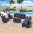 thumbnail image 1 of ALAULM 11 Pcs Patio Furniture Set with 2 Wicker Swivel Chairs & Stainless Steel Gas Fire Pit Table, Brown/Navy Blue, 1 of 8