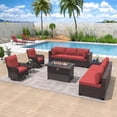 thumbnail image 1 of ALAULM 11 Pcs Patio Furniture Set with 2 Wicker Swivel Chairs & Stainless Steel Gas Fire Pit Table, Brown/Red, 1 of 8