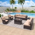 thumbnail image 1 of ALAULM 11 Pcs Patio Furniture Set with 2 Wicker Swivel Chairs & Stainless Steel Gas Fire Pit Table, Brown/Sand, 1 of 8