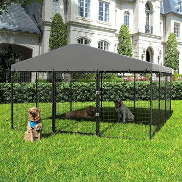 ALAULM 10x10 ft Heavy Duty Outdoor Dog Kennel for Large Dogs - Waterproof Roof, Upgraded Metal Mesh, Secure Door Locks