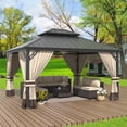 thumbnail image 1 of ALAULM 12'x14' Hardtop Gazebo, Galvanized Metal Double Roof with Brown Netting & Curtains, Sunshade for Patio, Backyard & Deck, 1 of 7