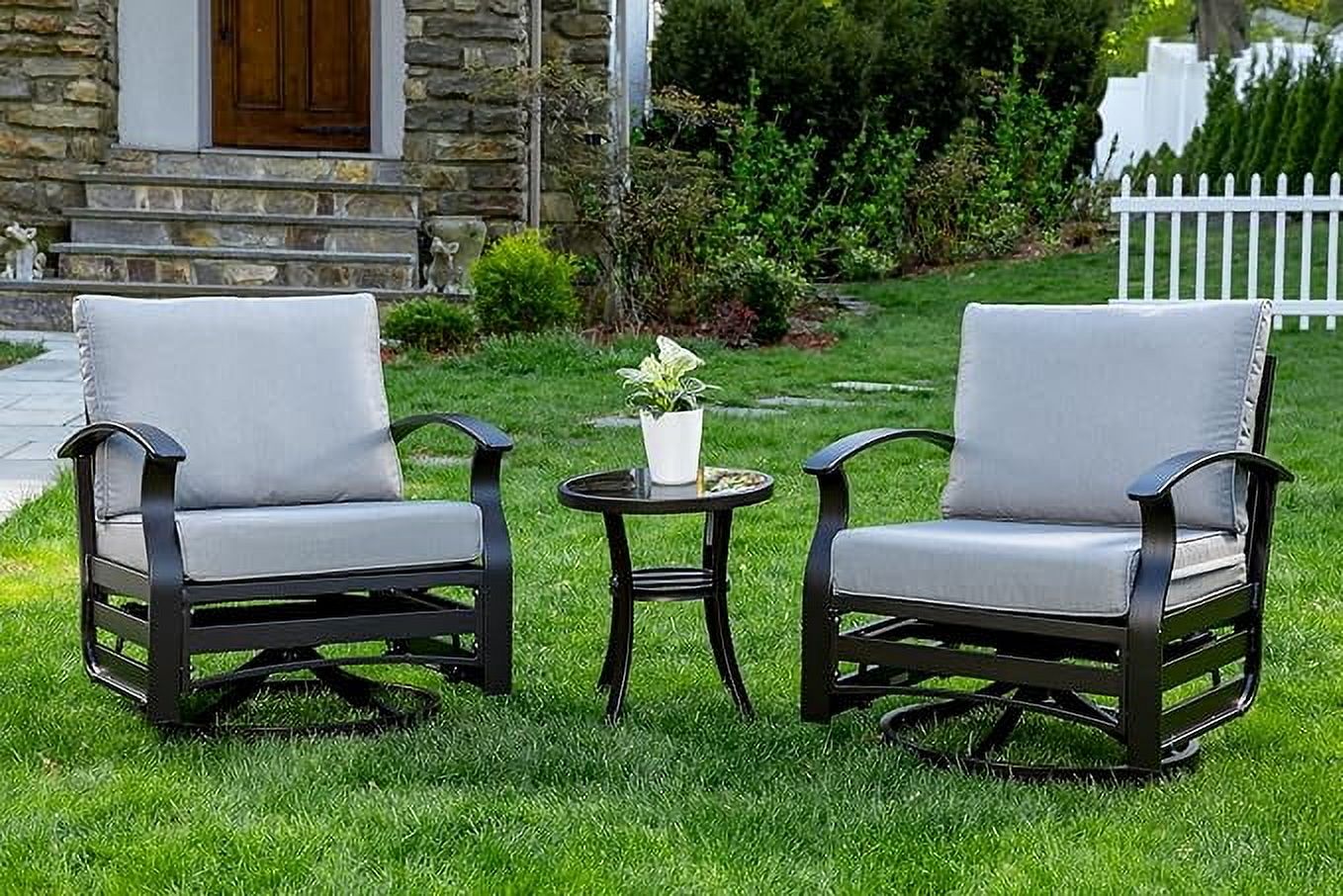 ALAULM 3 Piece Patio Outdoor Aluminum Metal Swivel Rocking Chair with 1 Coffee Table and 2 Grey Padded Cushions Outdoor Metal Swivel Rocking Chair Furniture Conversation Set for Porch Garden