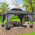 thumbnail image 1 of ALAULM 12'x14' Hardtop Gazebo, Galvanized Metal Double Roof with Gray Netting & Curtains, Sunshade for Patio, Backyard & Deck, 1 of 7