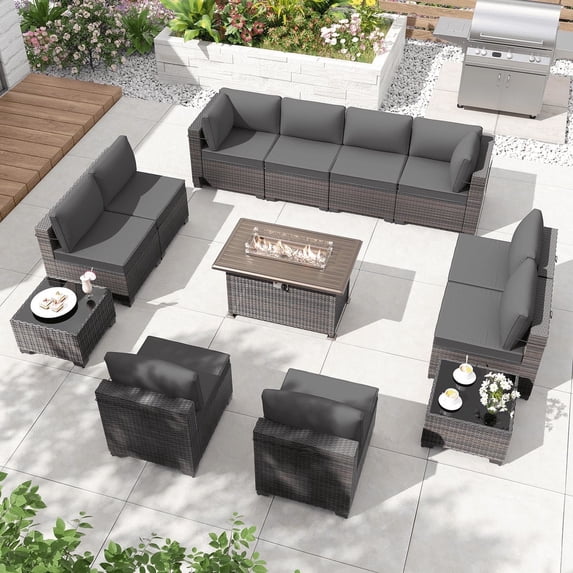 ALAULM 13 Pcs Patio Conversation Furniture Set with Fire Pit Table, Brown/Gray
