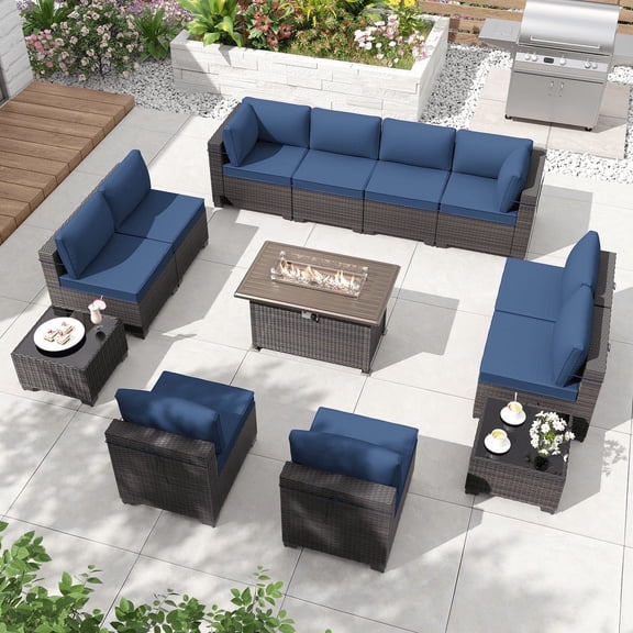 ALAULM 13 Pcs Patio Conversation Furniture Set with Fire Pit Table, Brown/Navy Blue