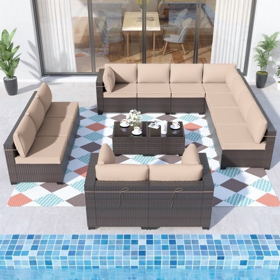 ALAULM 14 Piece Outdoor Patio Furniture Sets All-Weather Outdoor Sectional Furniture Patio Sofa Backyard Deck Couch Conversation Chair Set with Coffee Table & 12 Thickened Cushions, Sand