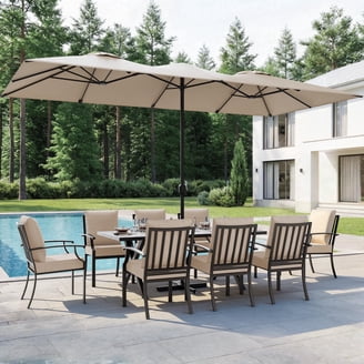 balcony patio set 3pc 7 umbrella 7 Pieces Patio Furniture Set with Umbrella Hole, Outdoor Dining Furniture  Set with Stackable Chairs and Ergonomic Design, for Backyard, Garden, Deck,  Black and Gray
