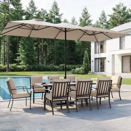 ALAULM 14FT Patio Umbrellas with Cross Base, Outdoor Double-Sided Umbrella Large Rectangle Table Market Umbrella with Crank Handle & Ribs, for Pool Lawn Garden Beige
