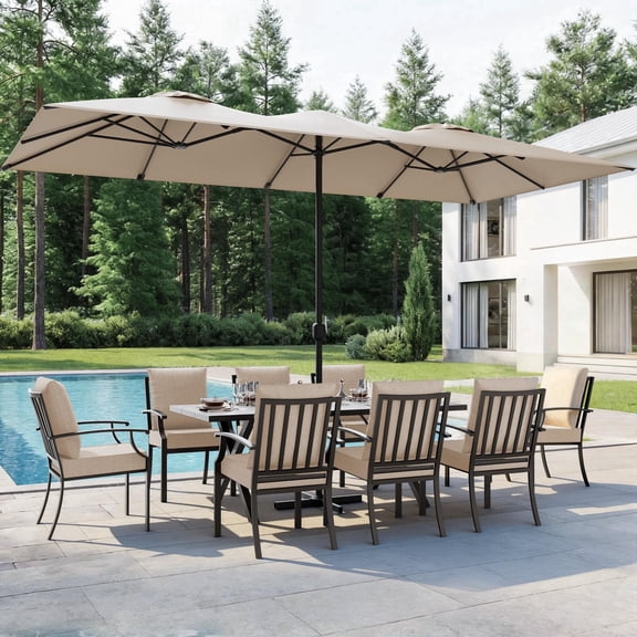 ALAULM 14FT Patio Umbrellas with Cross Base, Outdoor Double-Sided Umbrella Large Rectangle Table Market Umbrella with Crank Handle & Ribs, for Pool Lawn Garden Beige