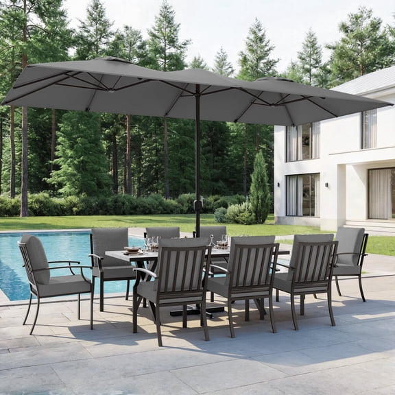 ALAULM 14FT Patio Umbrellas with Cross Base, Outdoor Double-Sided Umbrella Large Rectangle Table Market Umbrella with Crank Handle & Ribs, for Pool Lawn Garden Gray