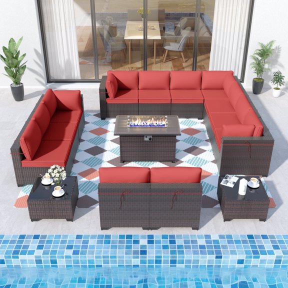 ALAULM 15 Piece Outdoor Patio Furniture Set with Gas Fire Pit Table Patio Furniture Sectional Sofa w/43in Propane Fire Pit, 55,000 BTU Auto-Ignition Firepit w/Glass Wind Guard, Red