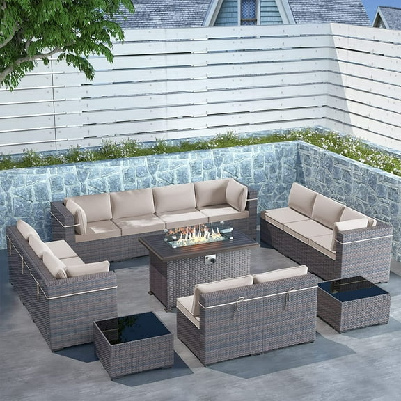 ALAULM 15 Piece Outdoor Patio Furniture Set with Gas Fire Pit Table Patio Furniture Sectional Sofa w/43in Propane Fire Pit, 55,000 BTU Auto-Ignition Firepit w/Glass Wind Guard,Sand