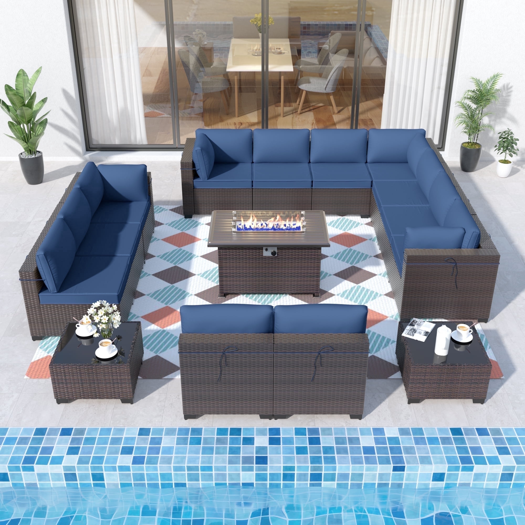 ALAULM 15 Piece Outdoor Patio Furniture Sectional Sofa with Gas Fire Pit Table and 55,000 BTU Firepit, Navy Blue/Brown