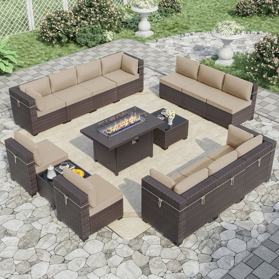 ALAULM 15-Piece Outdoor Conversation Sets with Aluminum Fire Pit Table, Brown/Brown