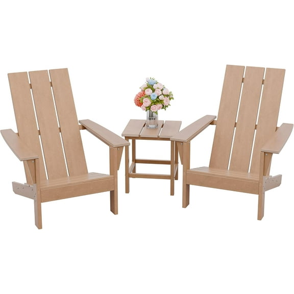ALAULM 3-Piece Adirondack Chair Set with Table,HDPE All-Weather Resistant,Heavy Duty Wooden Textured Finish Outdoor Chair for Patio,Garden,Poolside-Beige
