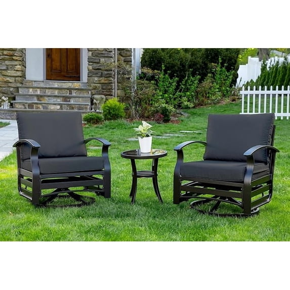 ALAULM 3 Piece Patio Outdoor Aluminum Metal Swivel Rocking Chair with 1 Coffee Table and 2 Black Padded Cushions Outdoor Metal Swivel Rocking Chair Furniture Conversation Set for Porch Garden