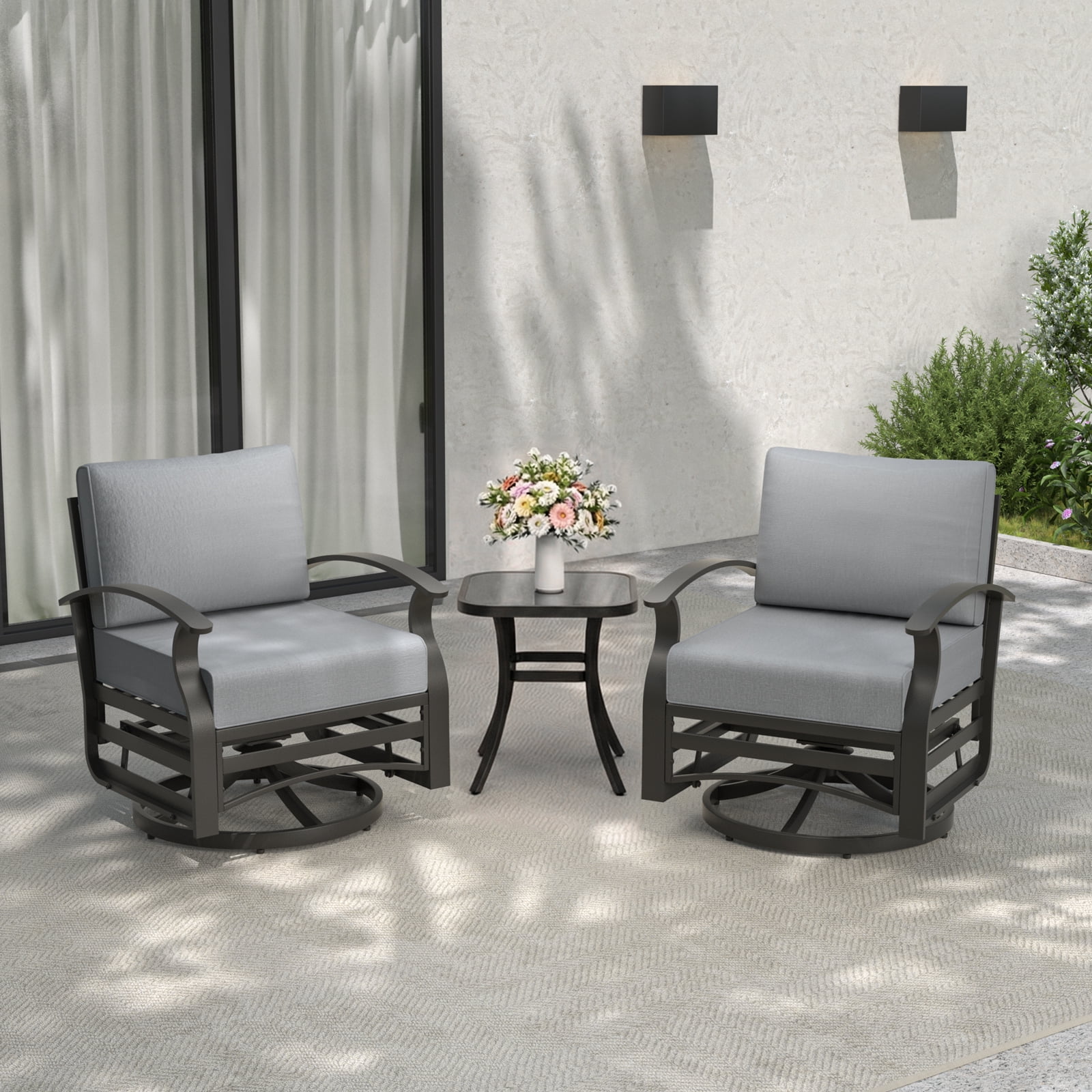 ALAULM 3-Piece Patio Outdoor Aluminum Metal Swivel Rocking Chair Set with 1 Coffee Table and 2 Grey Padded Cushions for Porch Garden
